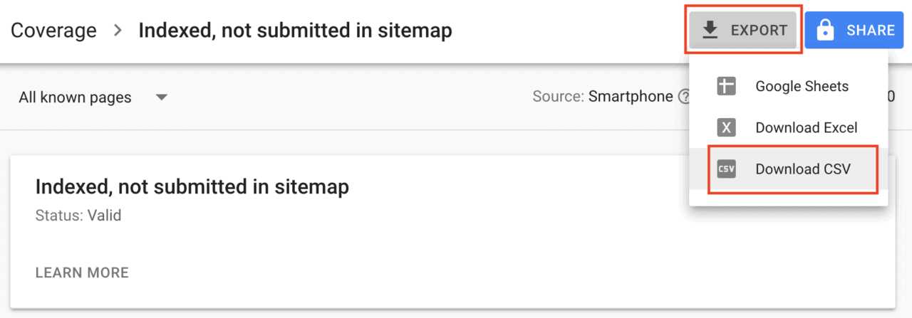 google search console coverage indexed not submitted in sitemap export 1280x447